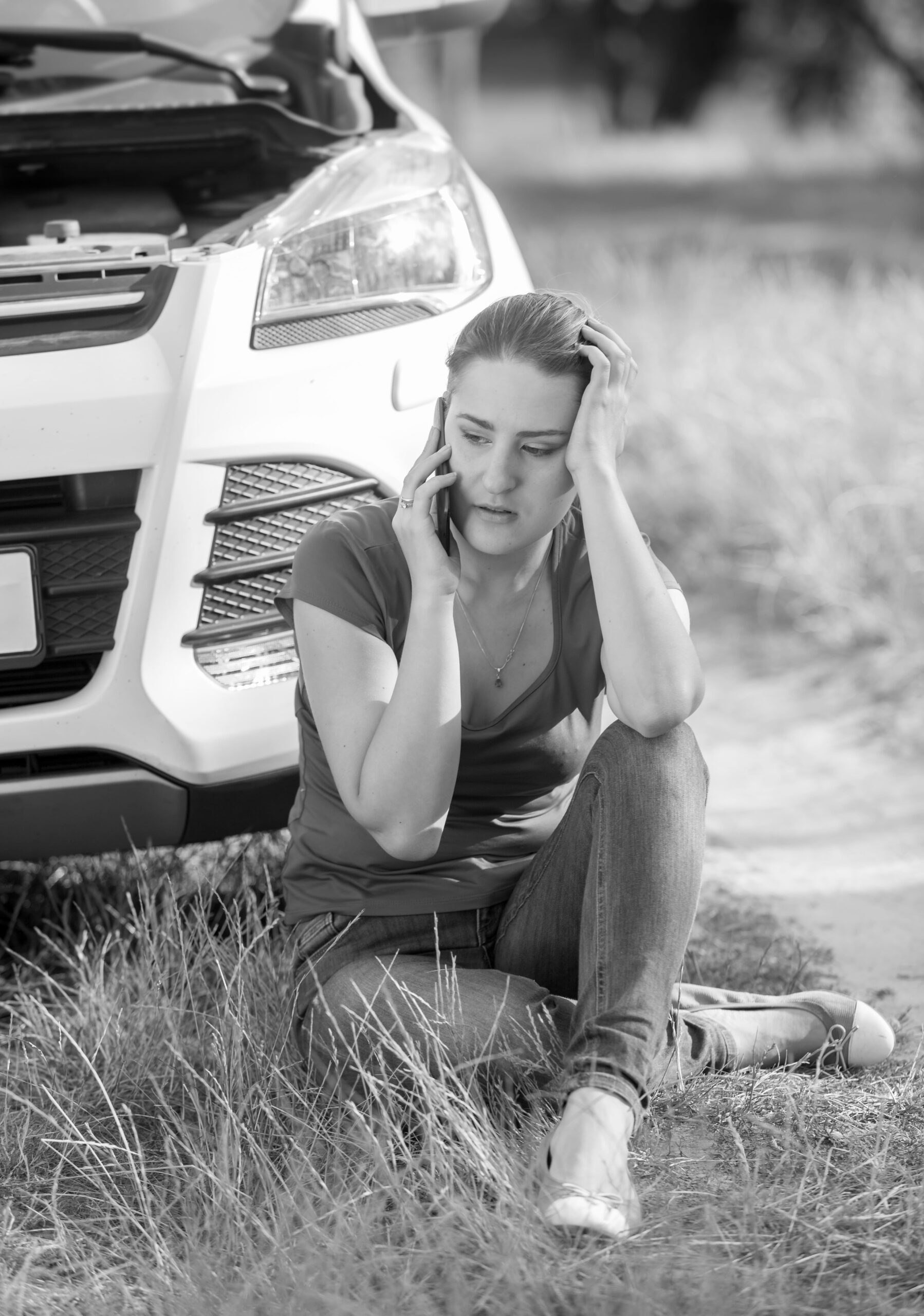 black-white-image-young-woman-sitting-ground-leaning-broken-car (1)